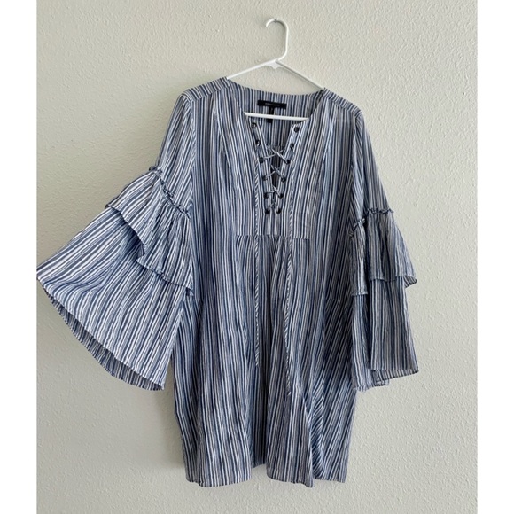 BCBGMAXAZRIA Charlyze caftan dress Blue and white stripe layered sleeves sz Lg - Picture 2 of 8